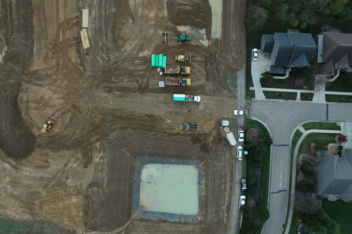 aerial view of a construction site in a neigborhood